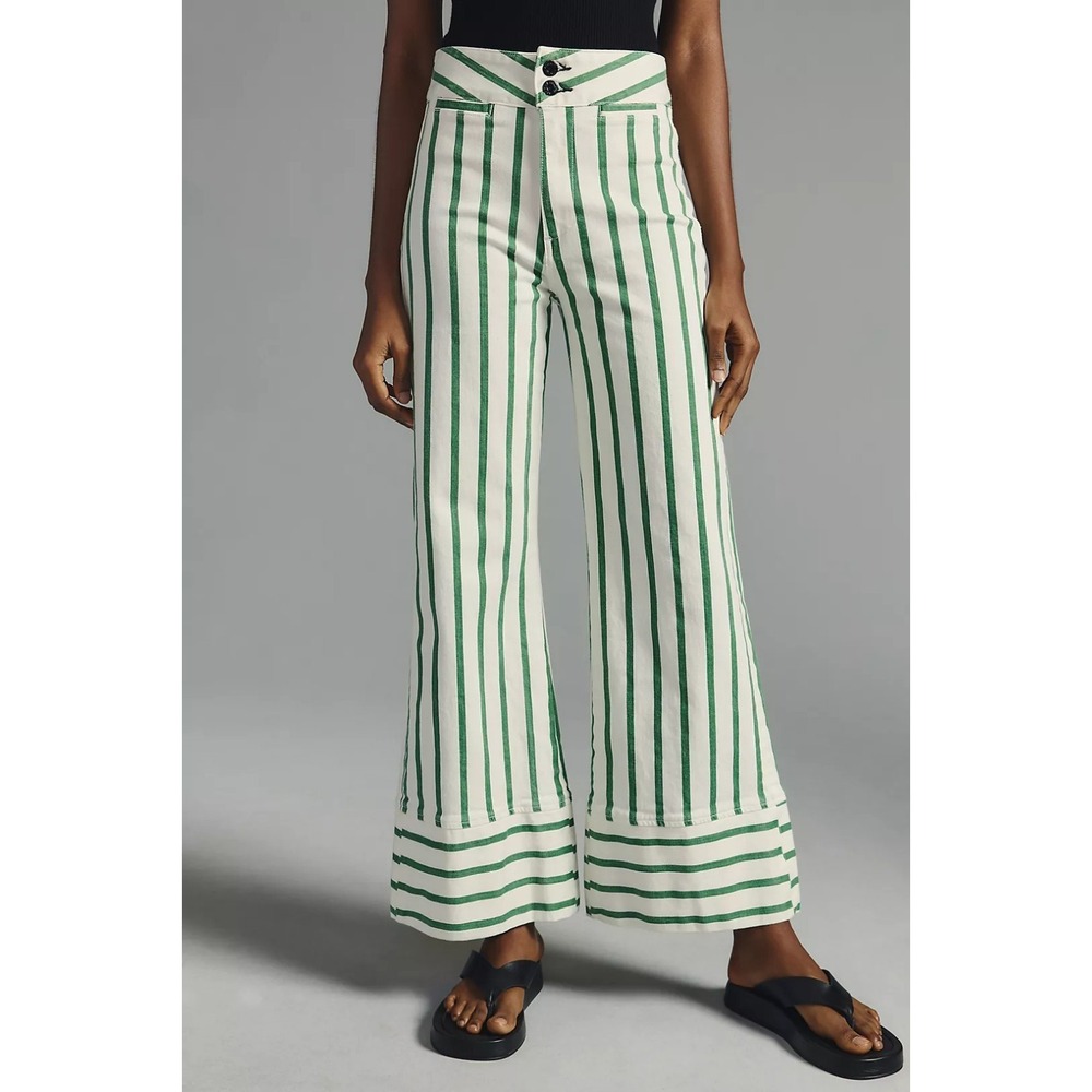 ASKK NY Brighton High-Rise Wide-Leg Crop Jeans Green Stripe Honey Size 32 NWT